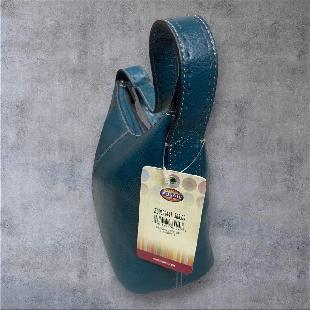 Fossil Vintage Y2K Teal Blue Leather Shoulder Bag Purse Contrast Stitching New